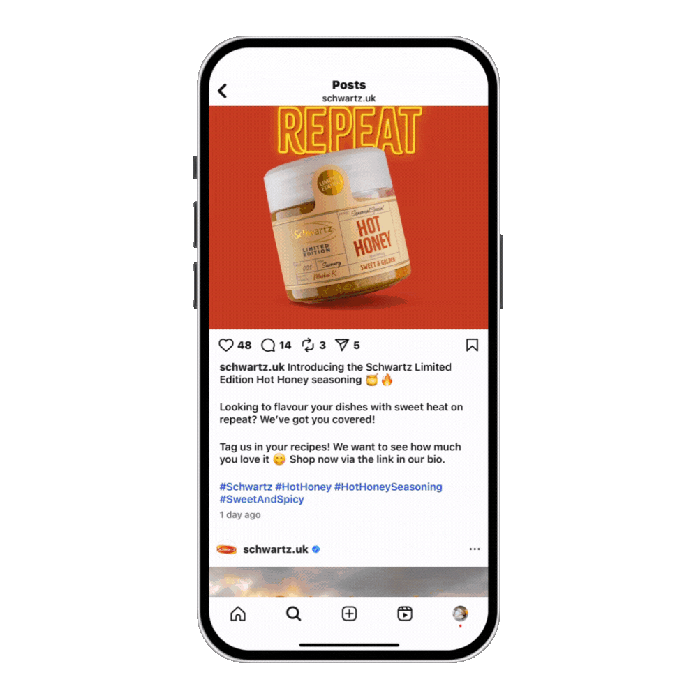 MikMak Instagram Experience for Schwartz UK Hot Honey Product available on brand website or TikTok Shop using MikMak's shoppable media solutions